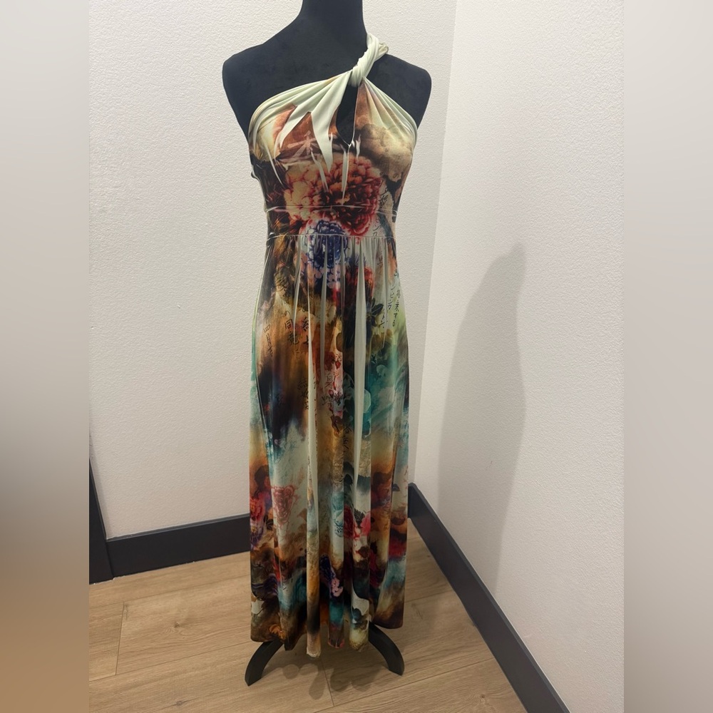 Bekeva Petite Multicolor Abstract Floral One-Shoulder Maxi Dress